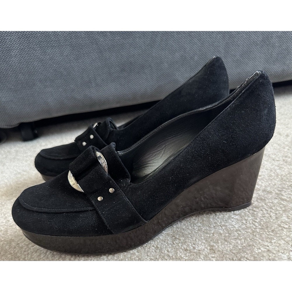 Stuart Weitzman Black Suede Brown Wood Wedge Shoes Size 8 1/2 Silver Studs Read